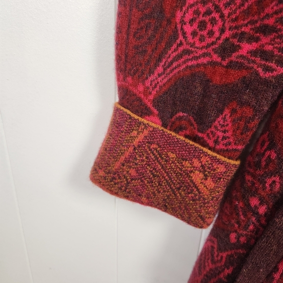 KOOI Knit Long Cardigan Sweater Red Draped Collar Lambswool Pockets Size Medium - Picture 6 of 13